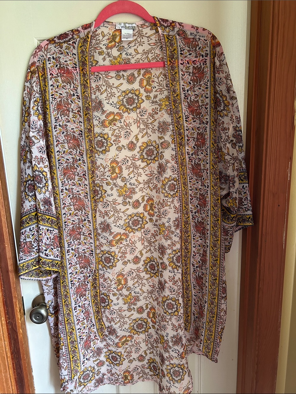 Open-Front Paisley Floral Kimono Tunic - Cream & Yellow